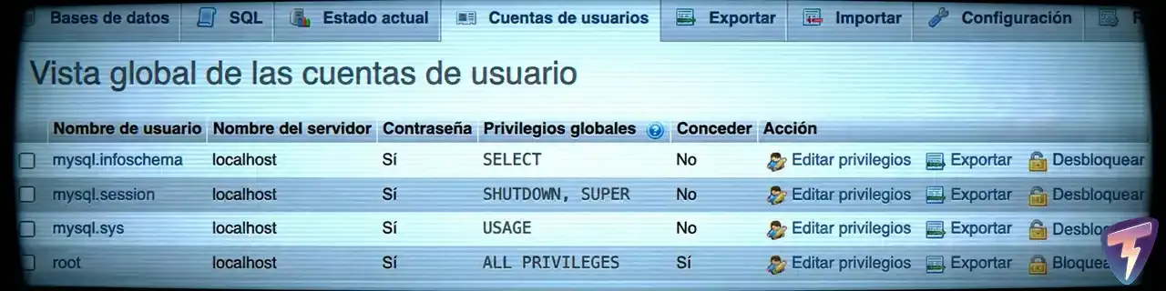Captura de pantalla de privilegios en phpMyAdmin